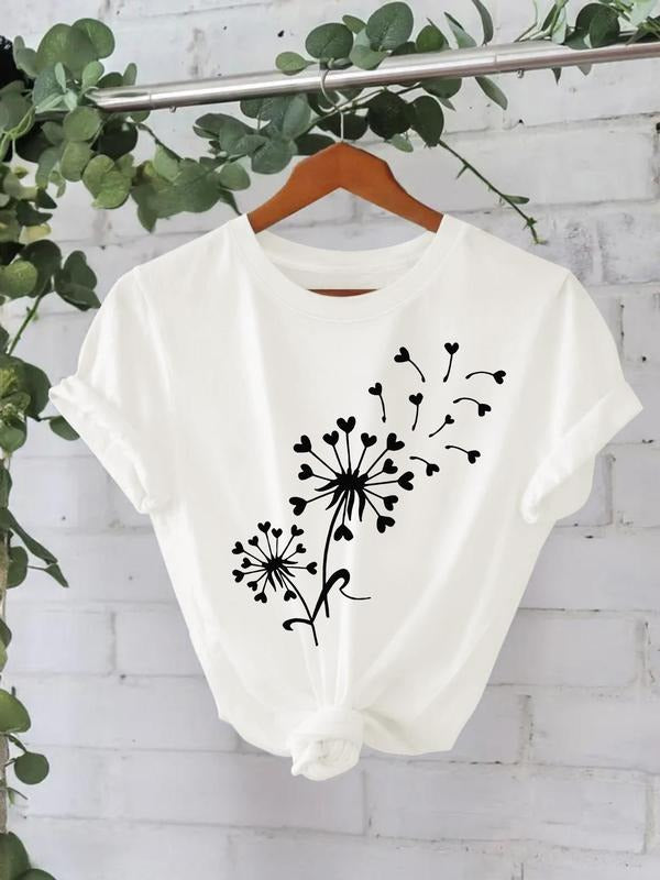 Women's Dandelion Print Round Neck Tee, Casual Short Sleeve Crew Neck T-Shirt for Spring & Fall, Fashion Women's Top for...