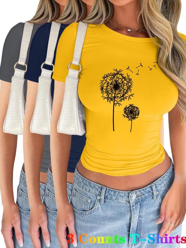 Women's Dandelion Print Short Sleeve Tee, Casual Round Neck T-shirt for Summer, Ladies Clothes for Daily Wear, Top...