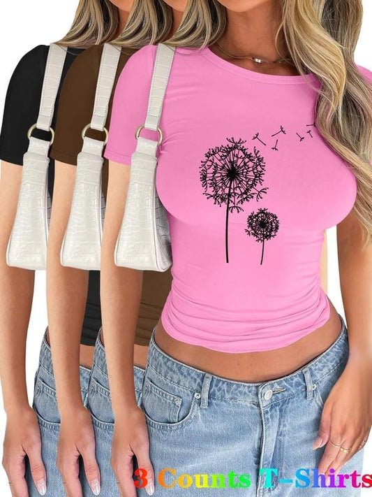 Women's Dandelion Print Short Sleeve Tee, Casual Round Neck T-shirt for Summer, Ladies Clothes for Daily Wear, Topstyle{n002}2