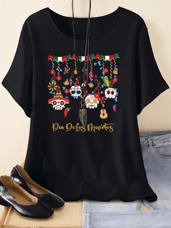 Women's Day Of The Dead Print Round Neck Tee, Fashion Casual Letter Print Crew Neck T-shirt for Daily Holiday Vacation...