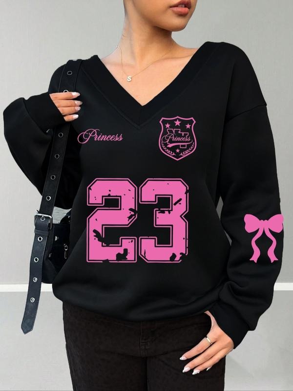 Women's Deep V Neck Fashion Pullover Sweatshirt, Casual Loose Fit, Fall & Winter Wear, Streetwear Style, Suitable for...