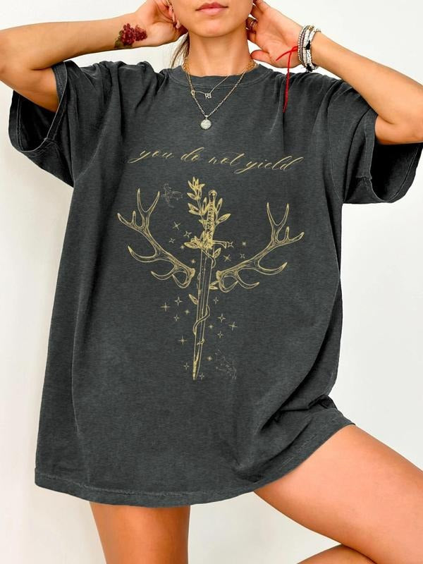 Women's Deer & Letter Print Round Neck Tee, Casual Soft Comfortable Short Sleeve T-shirt for Summer, Women's Top for...