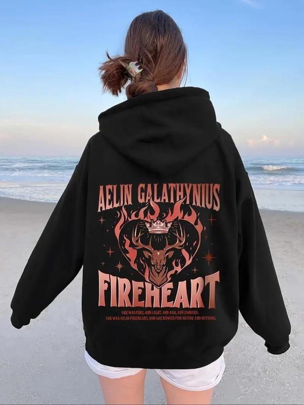 Women's Deer & Star Print Drop Shoulder Hoodie, Fashion Casual Letter Print Drawstring Pocket Hooded Sweatshirt for Daily...