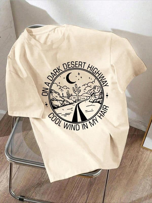 Women's Desert & Moon Print Round Neck Tee, Vintage Trendy Casual Short Sleeve T-shirt for Daily Wear, Ladies Fall &...