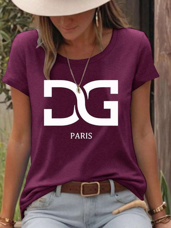 Women's Dg Paris Print Round Neck Tee, Casual Short Sleeve Crew Neck T-Shirt for Spring & Summer, Fashion Women's Top for...
