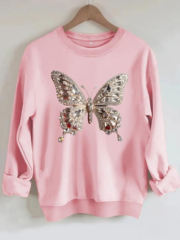 Women's Diamond Butterfly Print Casual Round Neck Sweatshirt, Soft Pullover, Fall & Winter Essential, Comfortable Fabric...