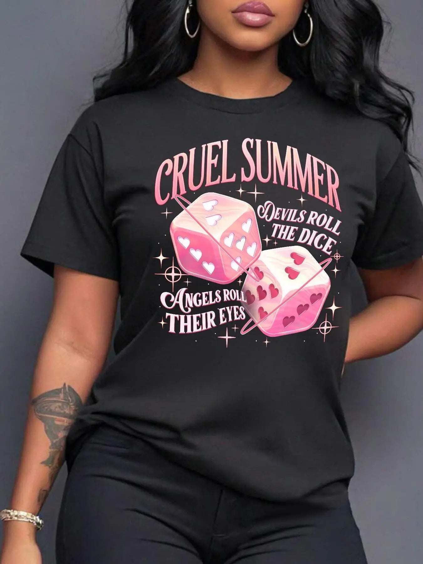 Women's Dice & Letter Print Round Neck Tee, Fashion Casual Drop Shoulder Short Sleeve T-shirt for Daily Wear, Ladies...