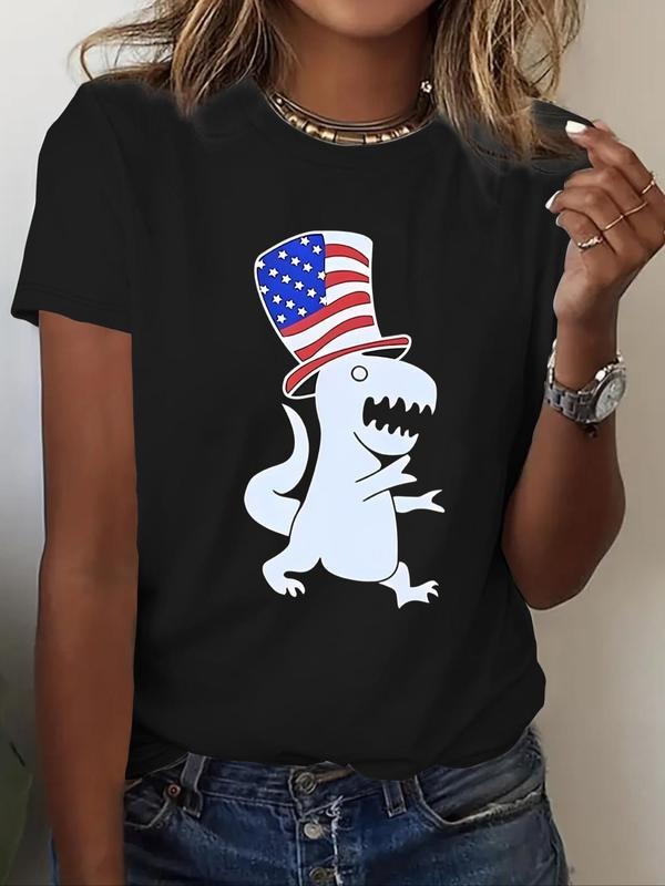 Women's Dinosaur & American Flag Print Round Neck Tee, Casual Short Sleeve T-shirt for Summer, Ladies Clothes for Daily...