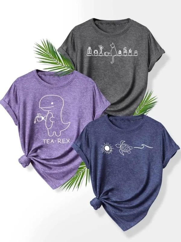 Women's Dinosaur & Cartoon Print Round Neck Tee, Casual Short Sleeve T-shirt for Daily Wear, Ladies Clothes for Summer...