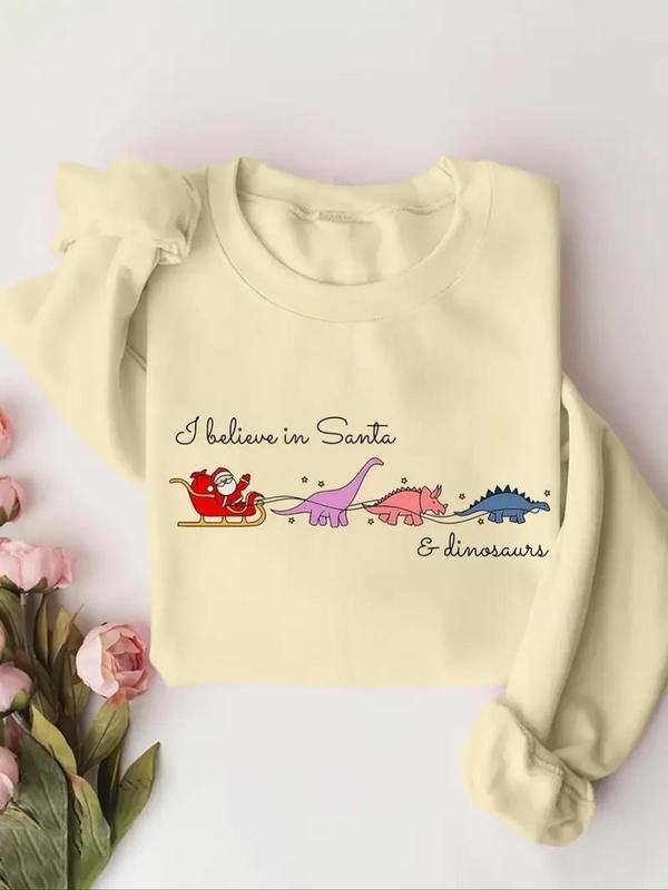 Women's Dinosaur & Christmas Santa Claus Print Crew Neck Drop Shoulder Pullover, Casual Long Sleeve Sweatshirt for Fall &...