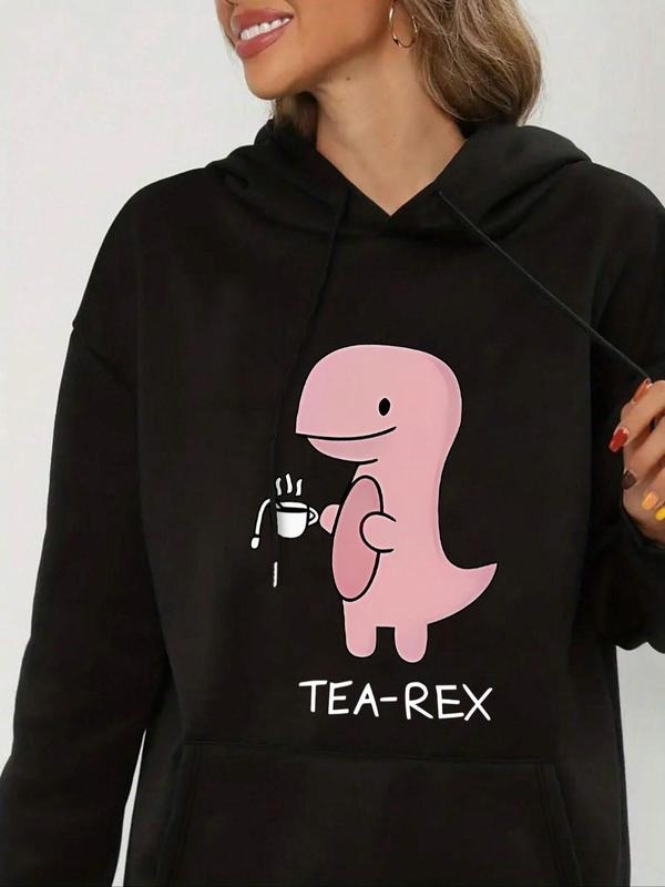Women's Dinosaur & Letter Print Drop Shoulder Drawstring Thermal Lined Hoodie, Fashion Casual Pocket Hooded Sweatshirt...