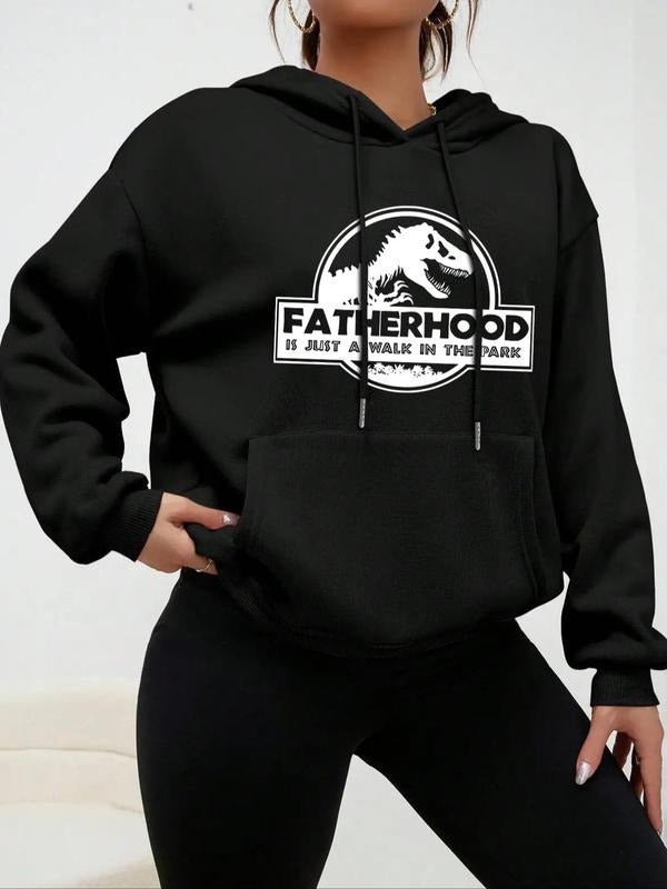 Women's Dinosaur & Letter Print Drop Shoulder Hoodie, Fashion Casual Drawstring Pocket Hooded Sweatshirt for Daily...
