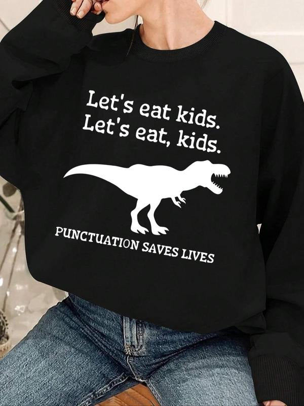 Women's Dinosaur & Letter Print Drop Shoulder Sweatshirt, Casual Long Sleeve Round Neck Pullover for Fall & Winter,...