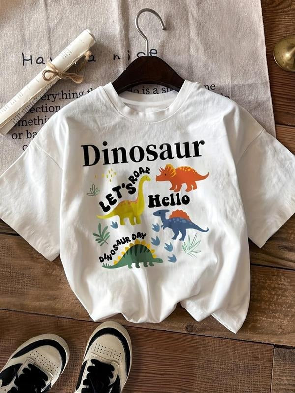 Women's Dinosaur & Letter Print Round Neck Tee, Casual Short Sleeve Crew Neck T-shirt for Summer, Fashion Women's Top for...