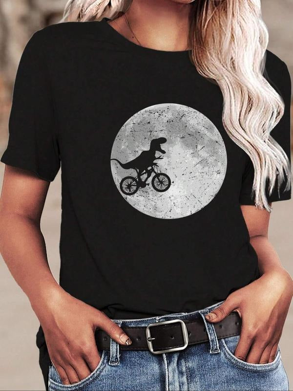 Women's Dinosaur & Moon Print Round Neck Tee, Casual Short Sleeve Crew Neck T-shirt for Summer, Fashion Women's Top for...