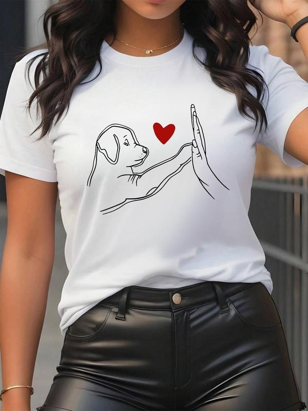 Women's Dog & Heart Print Round Neck Graphic Tee, Vintage Trendy Casual Short Sleeve T-shirt for Daily Wear, Ladies...