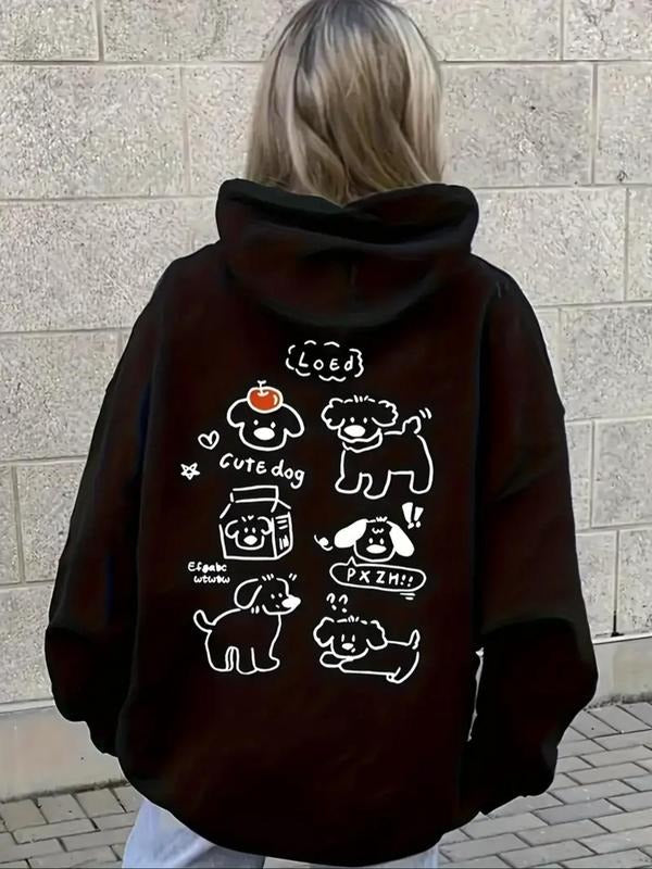 Women's Dog & Letter Print Drawstring Pocket Hoodie, Casual Drop Shoulder Long Sleeve Hooded Sweatshirt, Ladies Fall &...