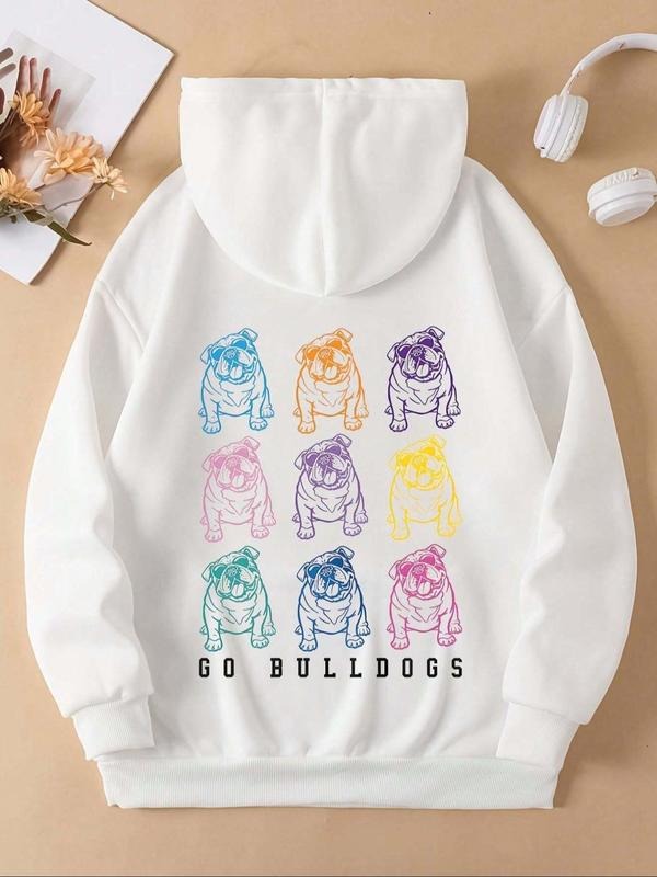 Women's Dog & Letter Print Drawstring Pocket Hoodie, Casual Drop Shoulder Long Sleeve Hooded Sweatshirt, Ladies Spring &...
