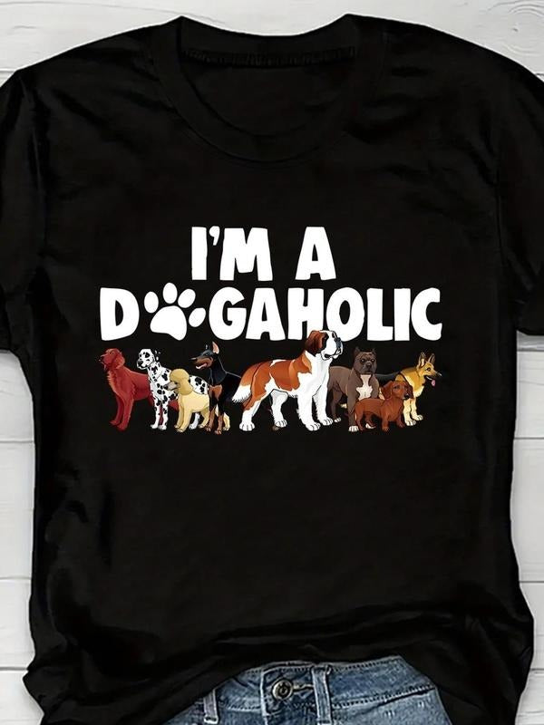 Women's Dog & Letter Print Round Neck Tee, Trendy Casual Crew Neck Short Sleeve T-shirt for Daily Wear, Ladies All...