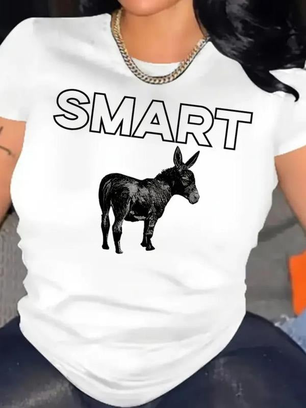Women's Donkey & Letter Print Round Neck Tee, Fashion Casual Crew Neck Short Sleeve T-Shirt for Daily Holiday Vacation...