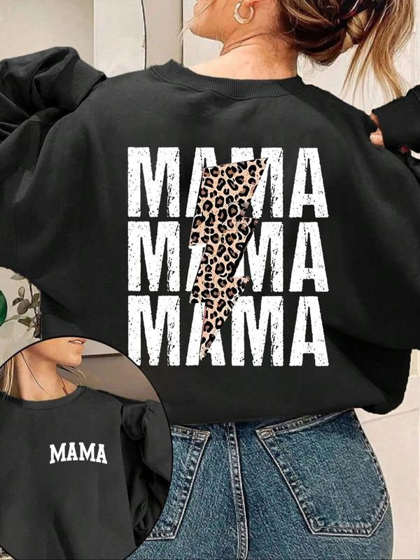 Women's Double-Sided "MAMA" & Leopard Lightning Graphic Sweatshirt - Black Oversized Crewneck T-Shirts, Hoodie