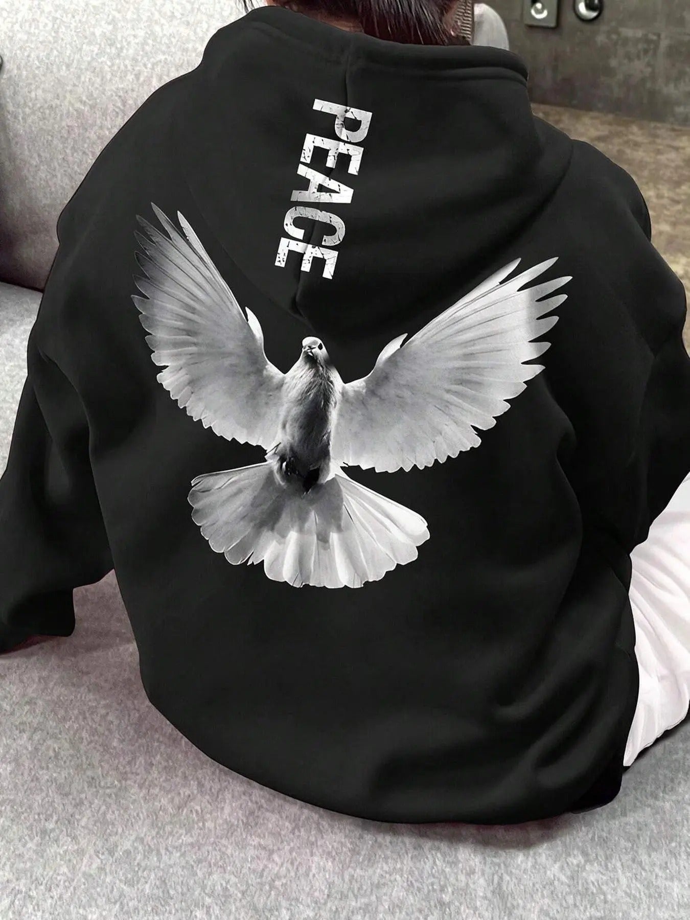 Women's Dove & Letter Print Drop Shoulder Hoodie, Fashion Casual Drawstring Pocket Hooded Sweatshirt for Daily Holiday...