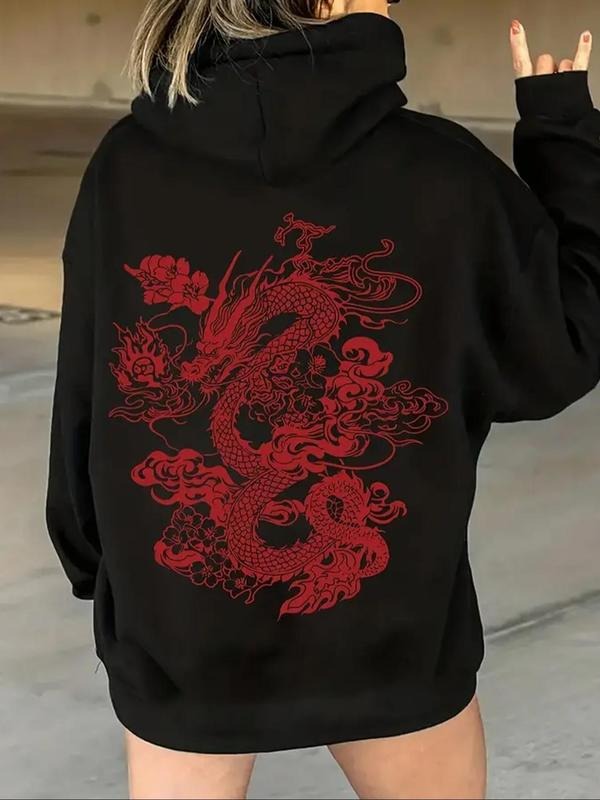 Women's Dragon Print Thermal Lined Drawstring Hoodie, Fashion Casual Pocket Hooded Sweatshirt for Daily Holiday Outdoor...