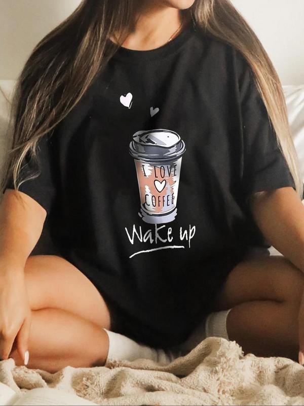 Women's Drink & Letter Print Round Neck Tee, Casual Comfy Graphic Short Sleeve T-shirt for Summer, Fashion Women's Top...