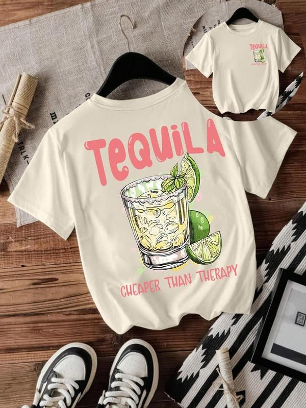 Women's Drink & Letter Print Round Neck Tee, Casual Short Sleeve Crew Neck T-shirt for Summer, Fashion Women's Top for...
