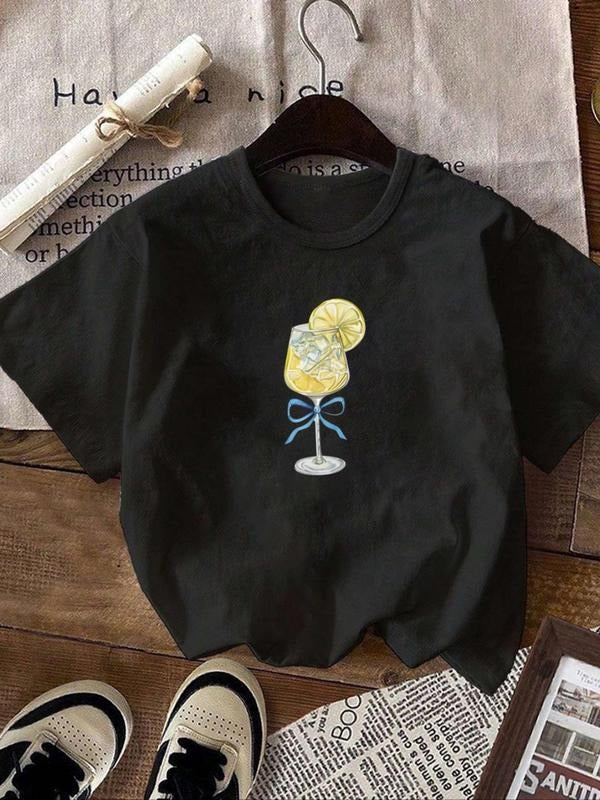 Women's Drink Print Round Neck Tee, Casual Short Sleeve T-shirt for Summer, Ladies Clothes for Daily Wear Hoodie, Sweatshirt