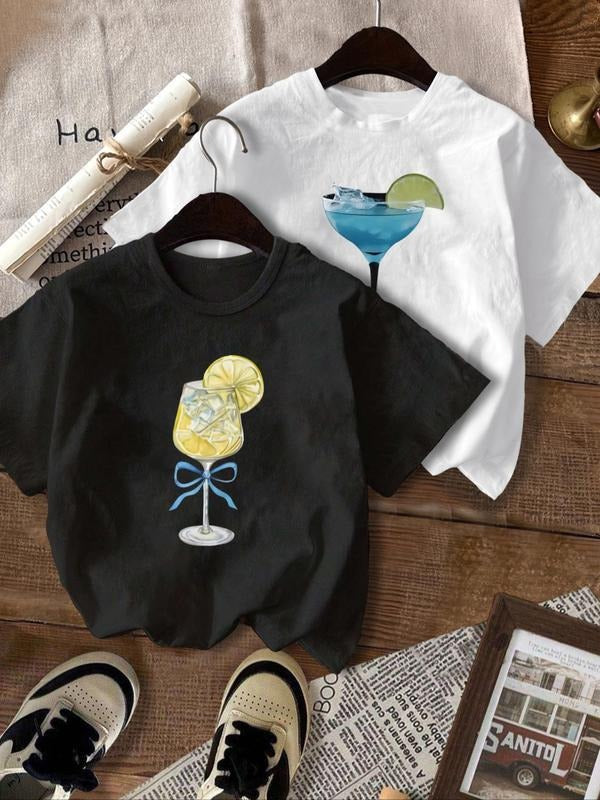 Women's Drink Print Short Sleeve Tee, Casual Graphic Round Neck T-Shirt for Summer, Women's Top for Daily Wear Hoodie,...