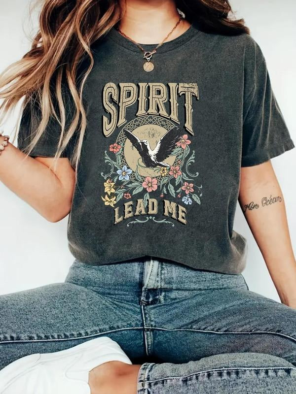 Women's Eagle & Floral Print Round Neck Tee, Vintage Trendy Casual Short Sleeve T-shirt for Daily Wear, Ladies Summer...
