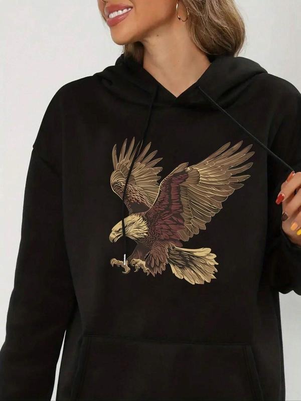 Women's Eagle Print Drop Shoulder Drawstring Hoodie, Fashion Casual Kangaroo Pocket Hooded Sweatshirt for Daily Holiday...