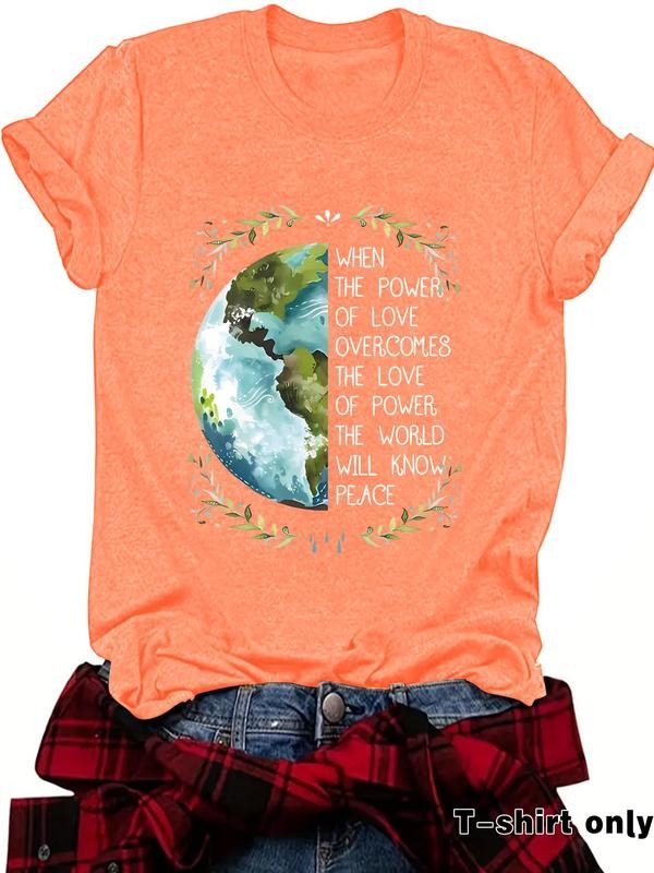 Women's Earth Print Round Neck Tee, Fashion Casual Letter Print Crew Neck T-Shirt for Daily Holiday Vacation Outdoor...