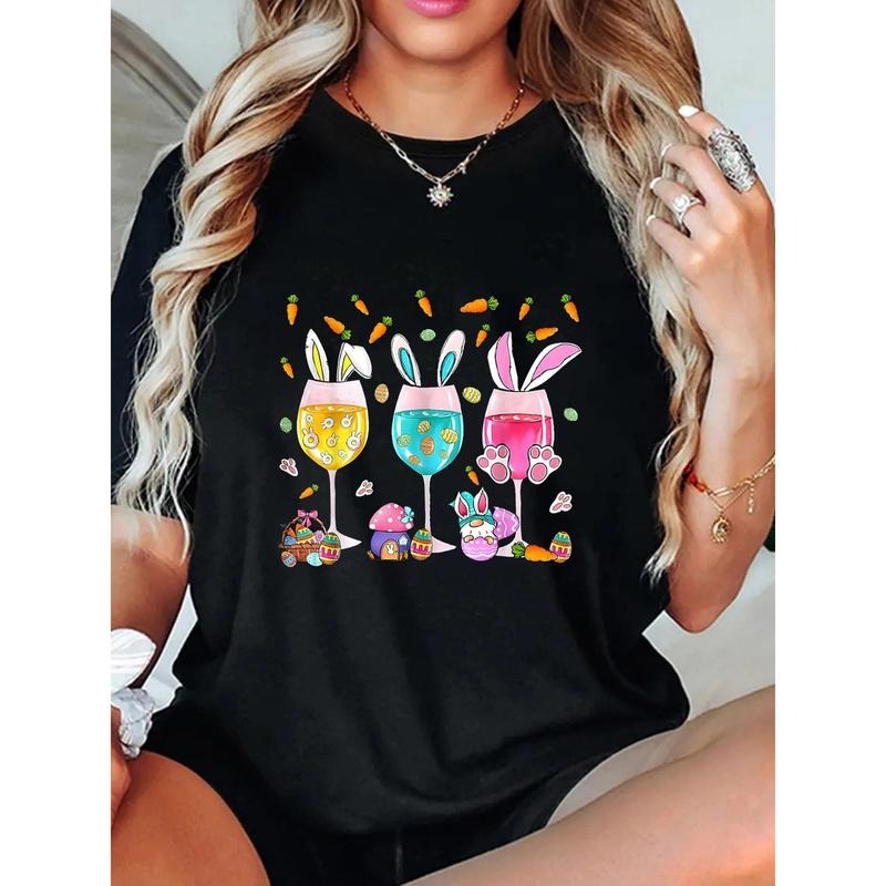 Women's Easter Bunny Wine Glasses Graphic T-Shirt