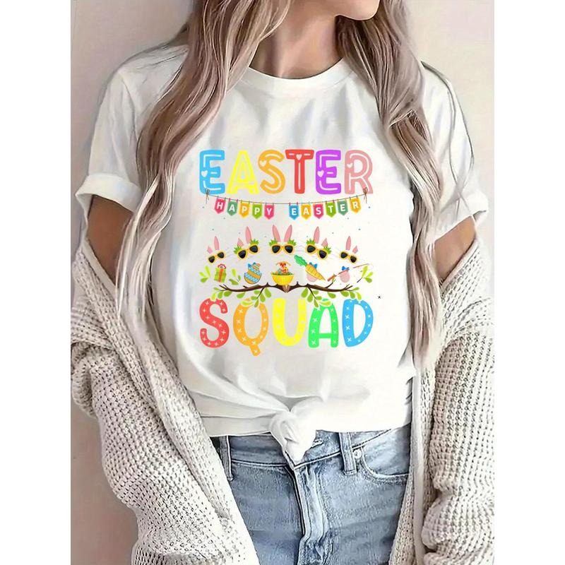 Women's Easter Squad Bunny Rabbit T-Shirt - Casual Crew Neck Short Sleeve Tee with Colorful Easter-Themed Print, Perfect...