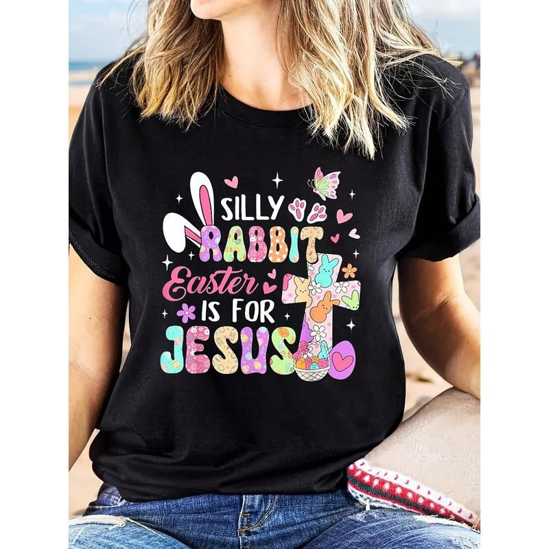 Women's Easter T-Shirt | 100% | Casual Loose Fit | Short Sleeve | 'Silly Rabbits Happy Easter Is for Jesus' Graphic with...