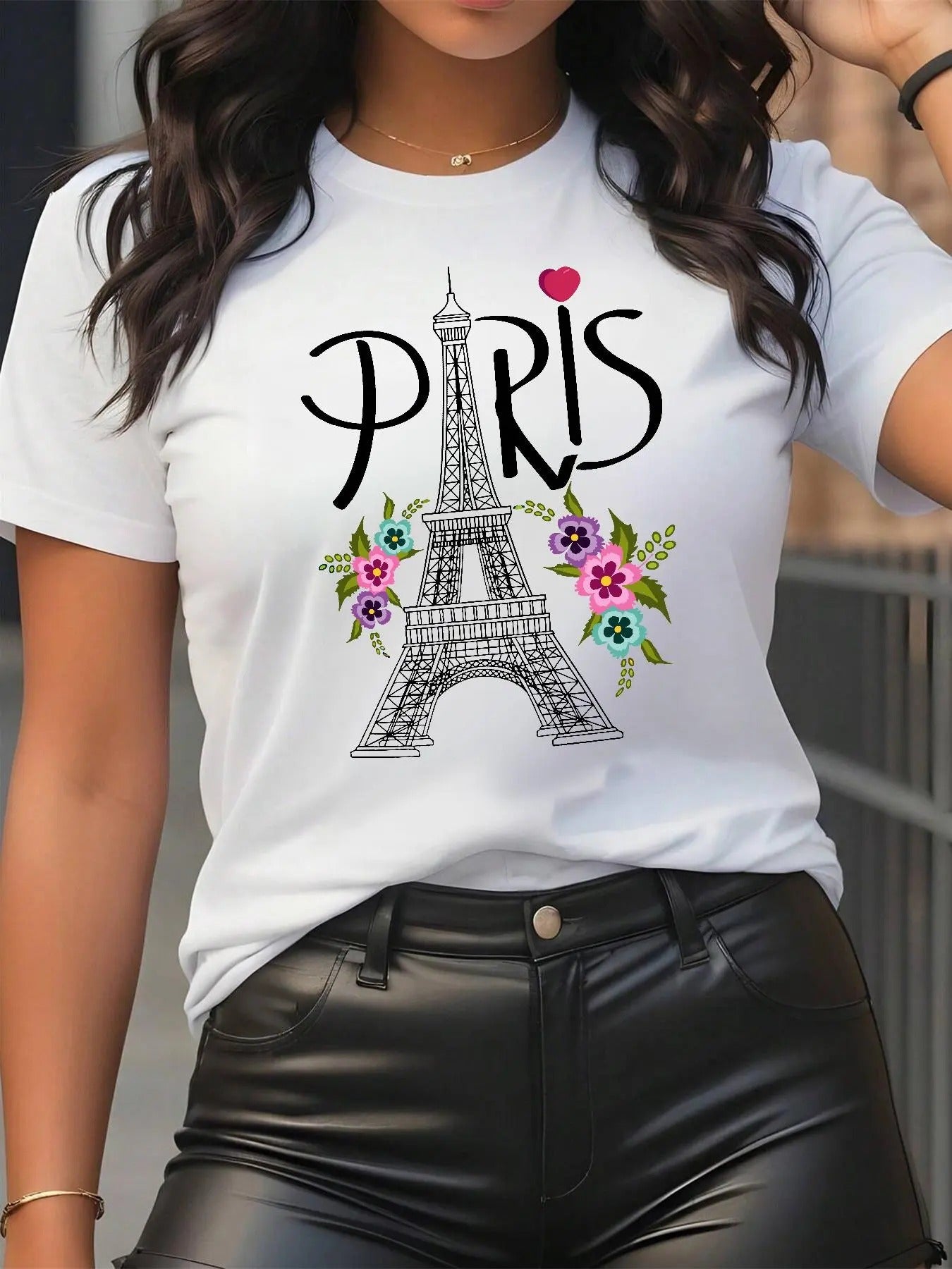 Women's Eiffel Tower & Floral Print Round Neck Graphic Tee, Vintage Trendy Casual Short Sleeve T-shirt for Daily Wear,...