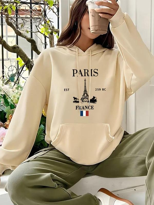 Women's Eiffel Tower & Letter Print Drop Shoulder Hoodie, Fashion Casual Drawstring Pocket Hooded Sweatshirt for Daily...