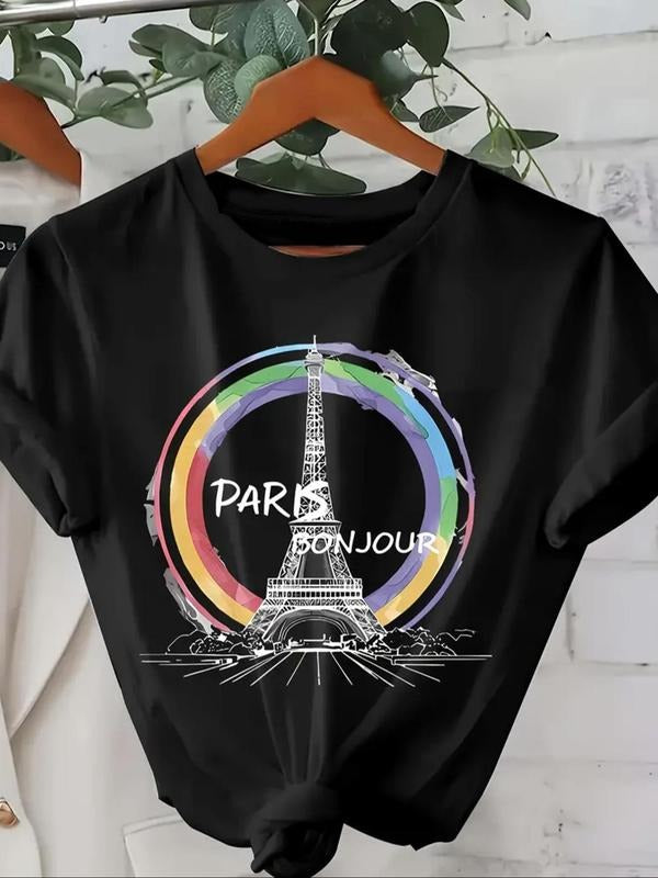 Women's Eiffel Tower & Letter Print Round Neck Graphic Tee, Vintage Trendy Casual Short Sleeve T-shirt for Daily Wear,...