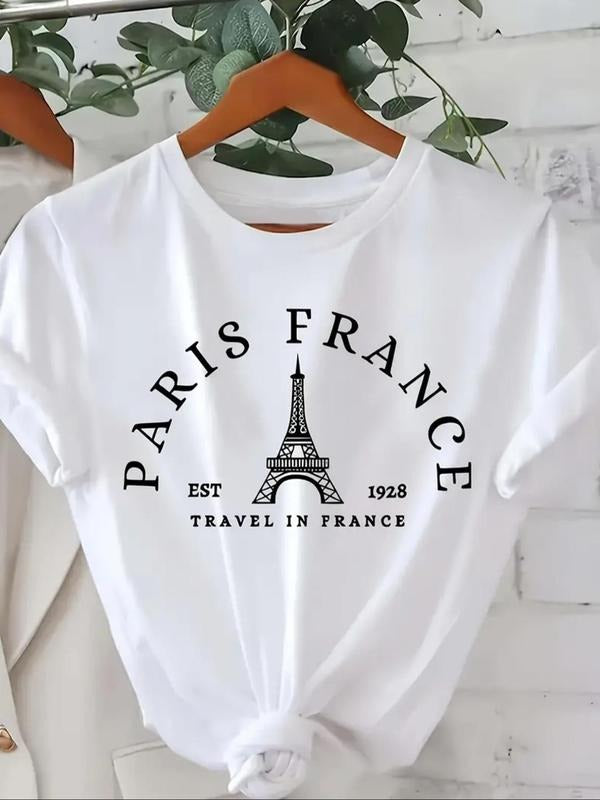 Women's Eiffel Tower & Letter Print Round Neck Graphic Tee, Vintage Trendy Casual Short Sleeve T-shirt for Daily Wear,...