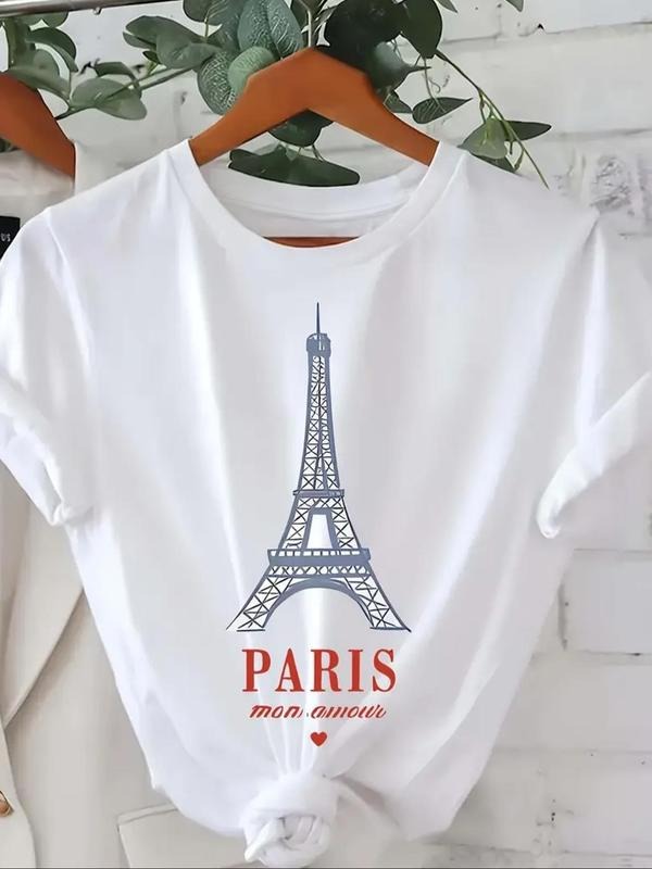 Women's Eiffel Tower & Letter Print Round Neck Tee, Casual Short Sleeve Crew Neck T-Shirt for Summer, Fashion Women's Top...
