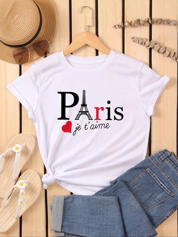 Women's Eiffel Tower & Letter Print Round Neck Tee, Casual Short Sleeve Crew Neck T-Shirt for Summer, Fashion Women's Top...