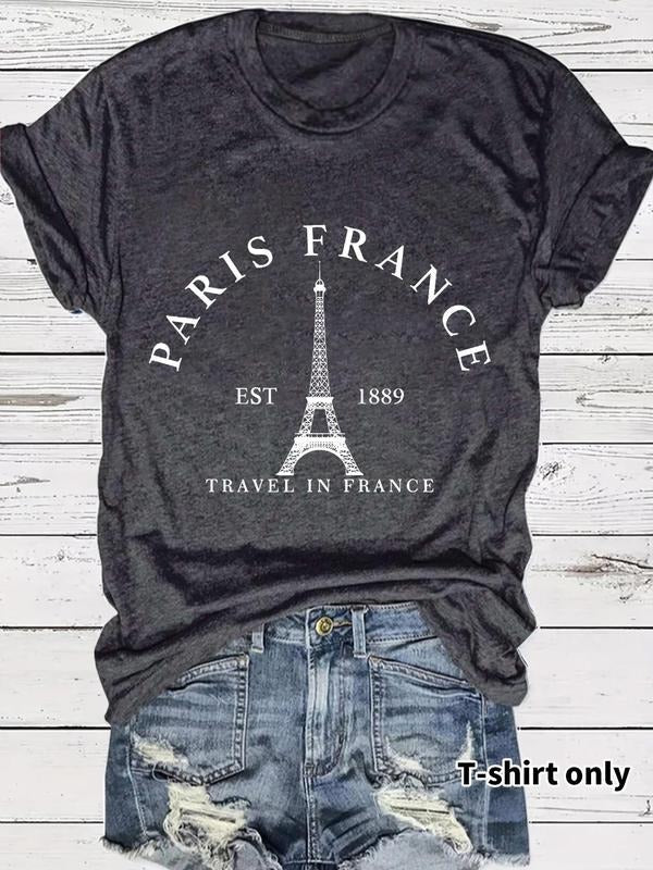 Women's Eiffel Tower & Letter Print Round Neck Tee, Casual Short Sleeve Crew Neck T-Shirt for Summer, Fashion Women's Top...
