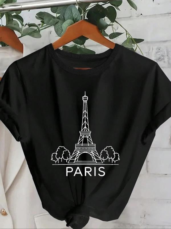 Women's Eiffel Tower & Letter Print Round Neck Tee, Trendy Casual Short Sleeve T-Shirt for Daily Wear, Ladies Summer...