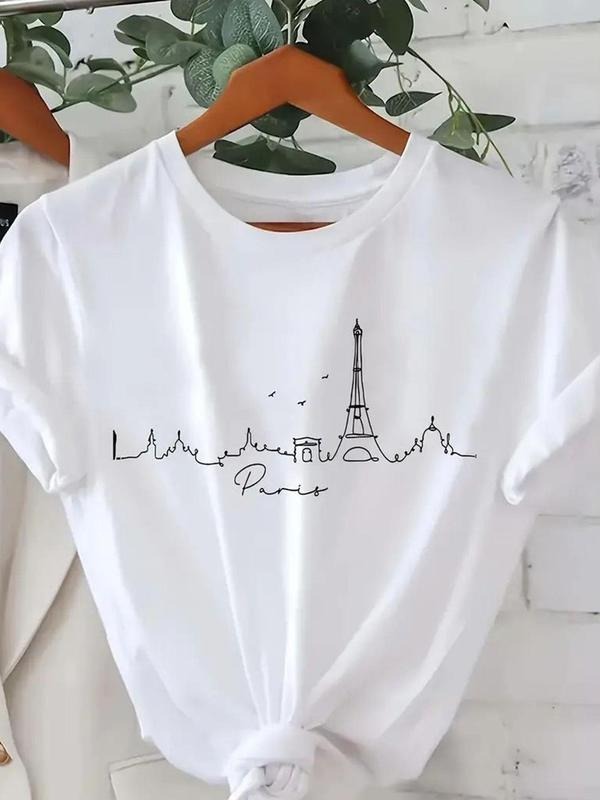 Women's Eiffel Tower Print Round Neck Tee, Casual Short Sleeve Crew Neck T-Shirt for Fall & Winter, Fashion Women's Top...
