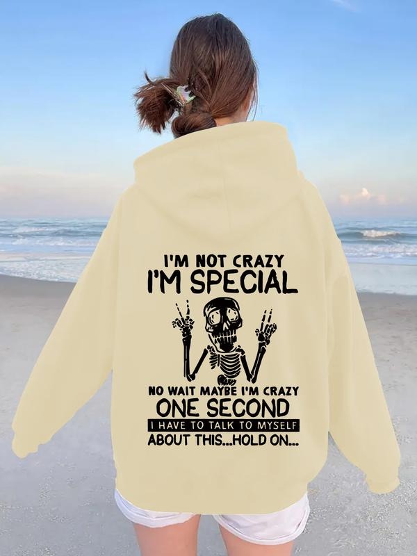 Women's Elegant Skull Letter Print Hoodie, Funny Sweatshirt, Long Sleeve Pocket Sweatshirt, Fall Winter Casual Top,...