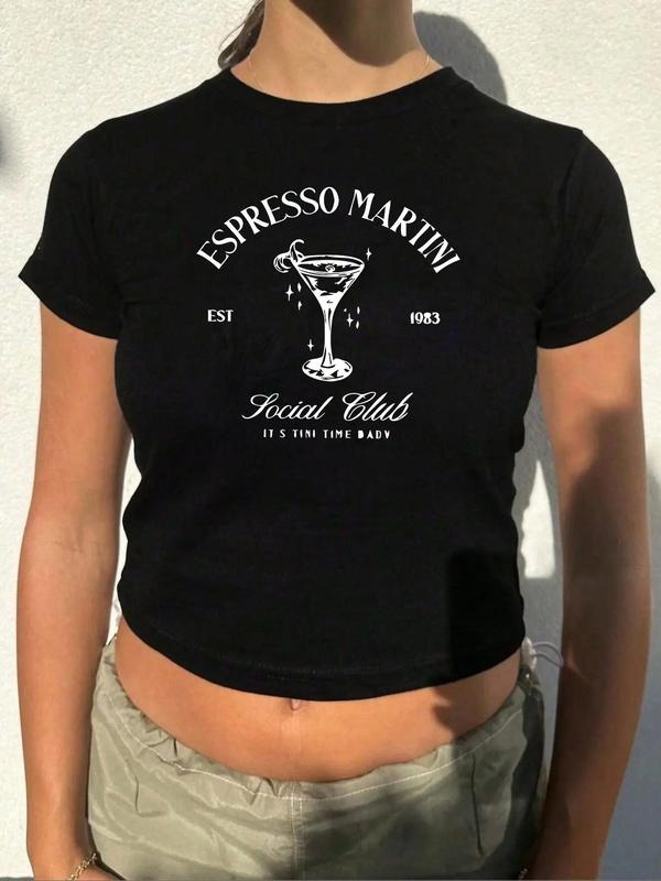 Women's Espresso Martini Letter Print Round Neck Graphic Crop Tee, Street Fashion Short Sleeve T-Shirt for Daily Holiday...