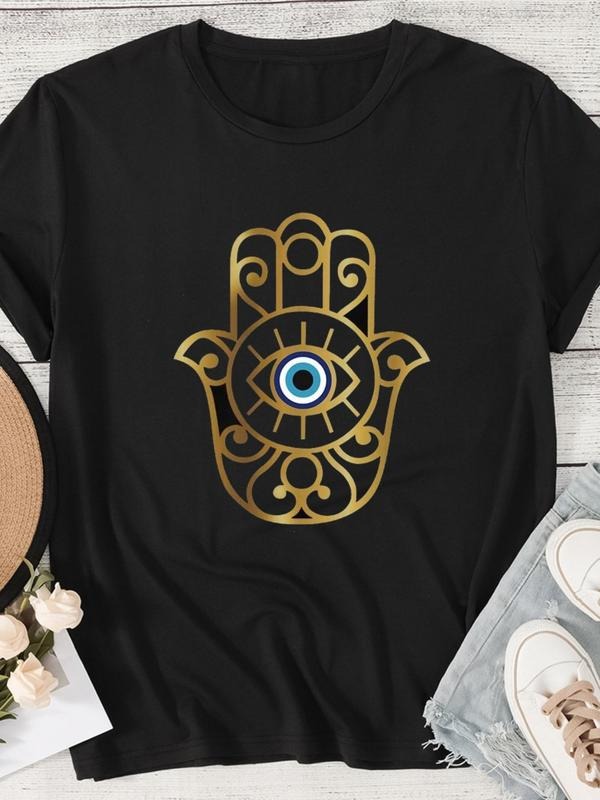 Women's Evil Eye Print Round Neck Graphic Tee, Vintage Trendy Casual Short Sleeve T-shirt for Daily Wear, Ladies Summer...