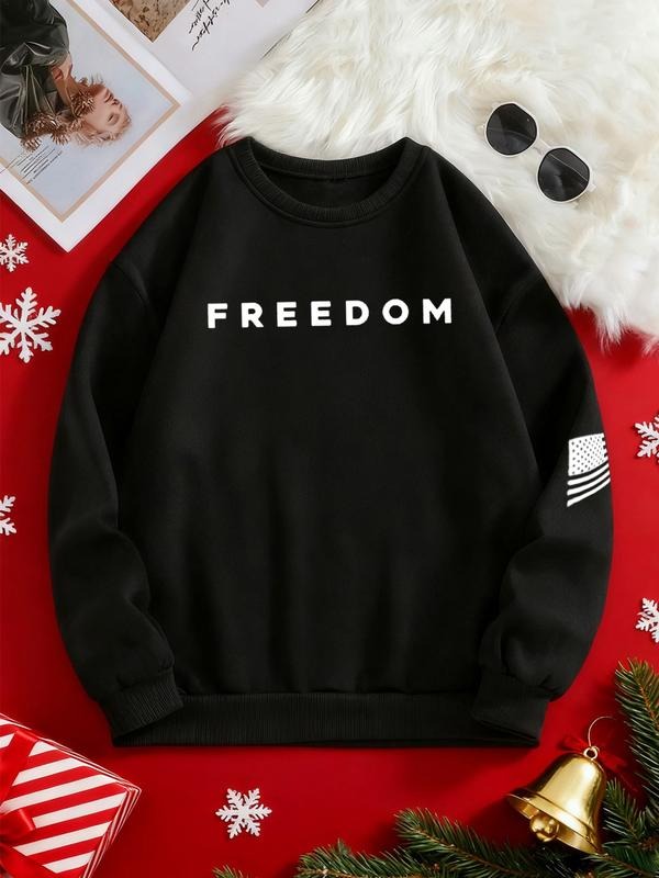 Women's Fall Winter Casual Fitted Round Neck Sweatshirt, Graphic Letter Print, Patriotic Design, Essential for Everyday...